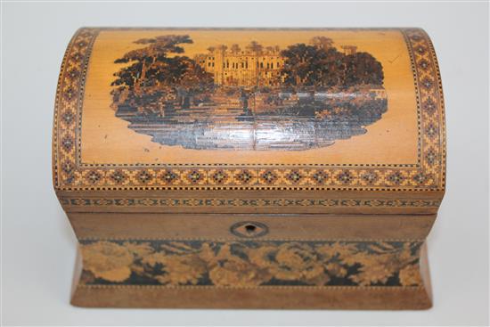 A Tunbridge ware stained birds eye maple Warwick Castle mosaic box, 7.25in.